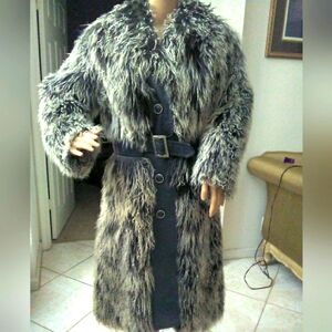 VINTAGE 60S SHEARLING LLAMA COAT FULL LENGTH GREY LEATHER OUTRAGEOUS BEAUTY